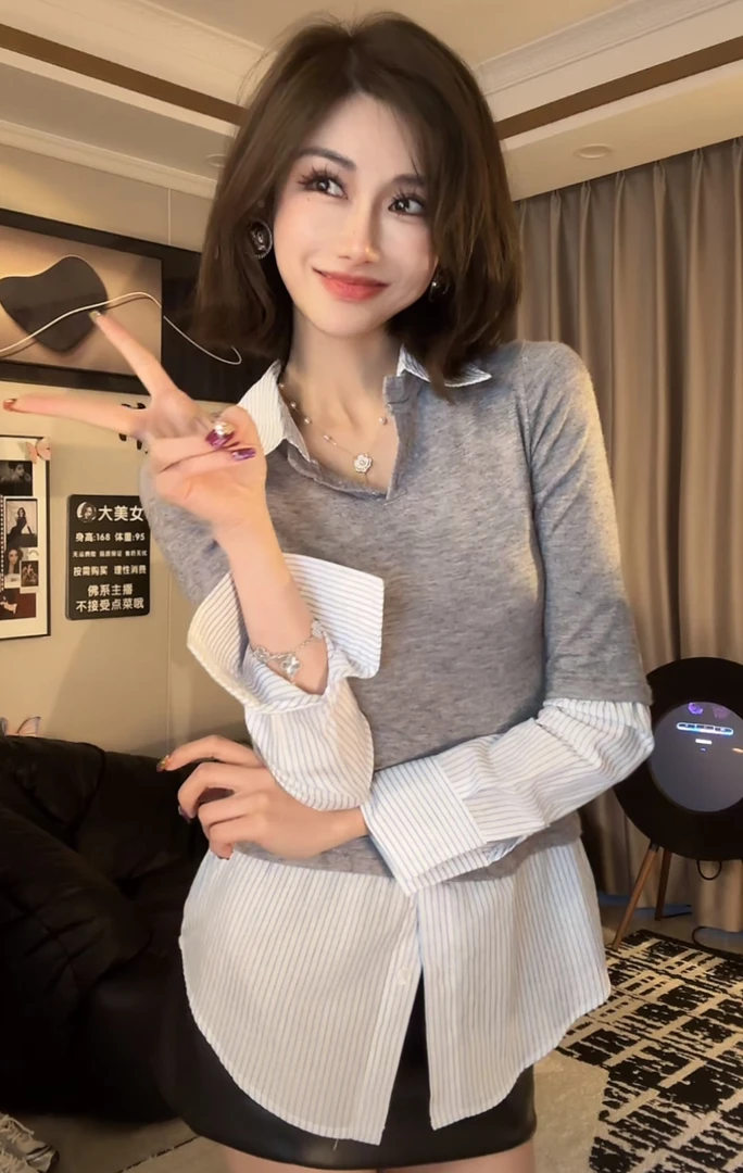 新款衬衫条纹拼接假两件polo领修身上衣