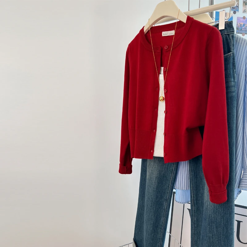 韩版红色针织开衫外套女春秋薄款小个子外搭高级感超好看洋气上衣