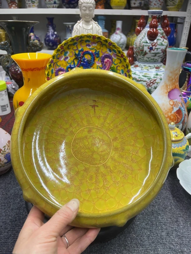 冰釉描金刻字水洗笔洗茶洗