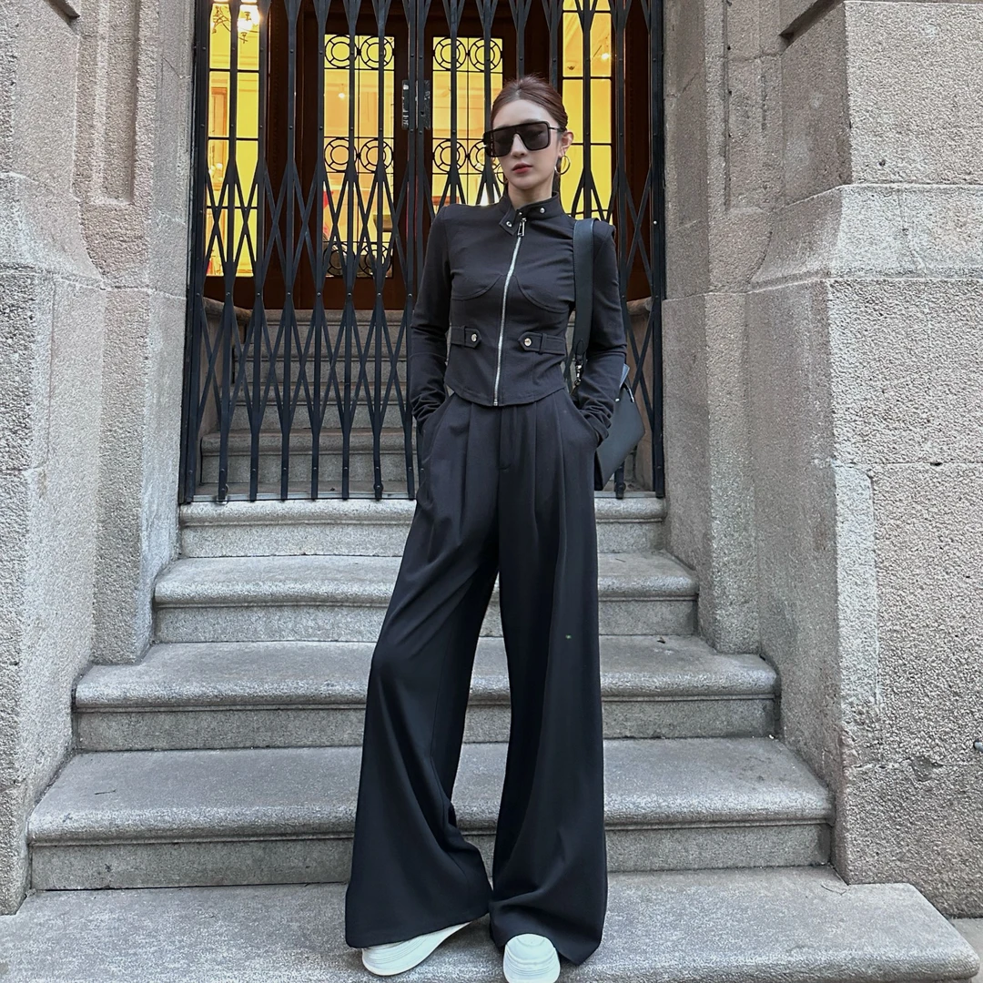 80236+80237春款显瘦气质长袖高腰时尚休闲黑色春季套装