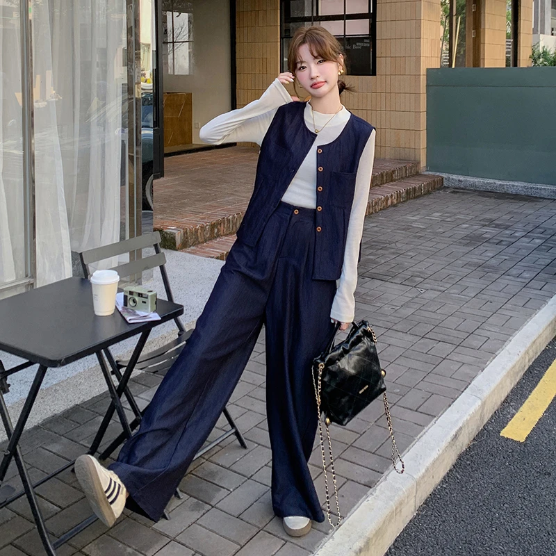 设计感复古马甲时尚套装女2025春秋韩系潮流休闲衬衫阔腿裤三件套
