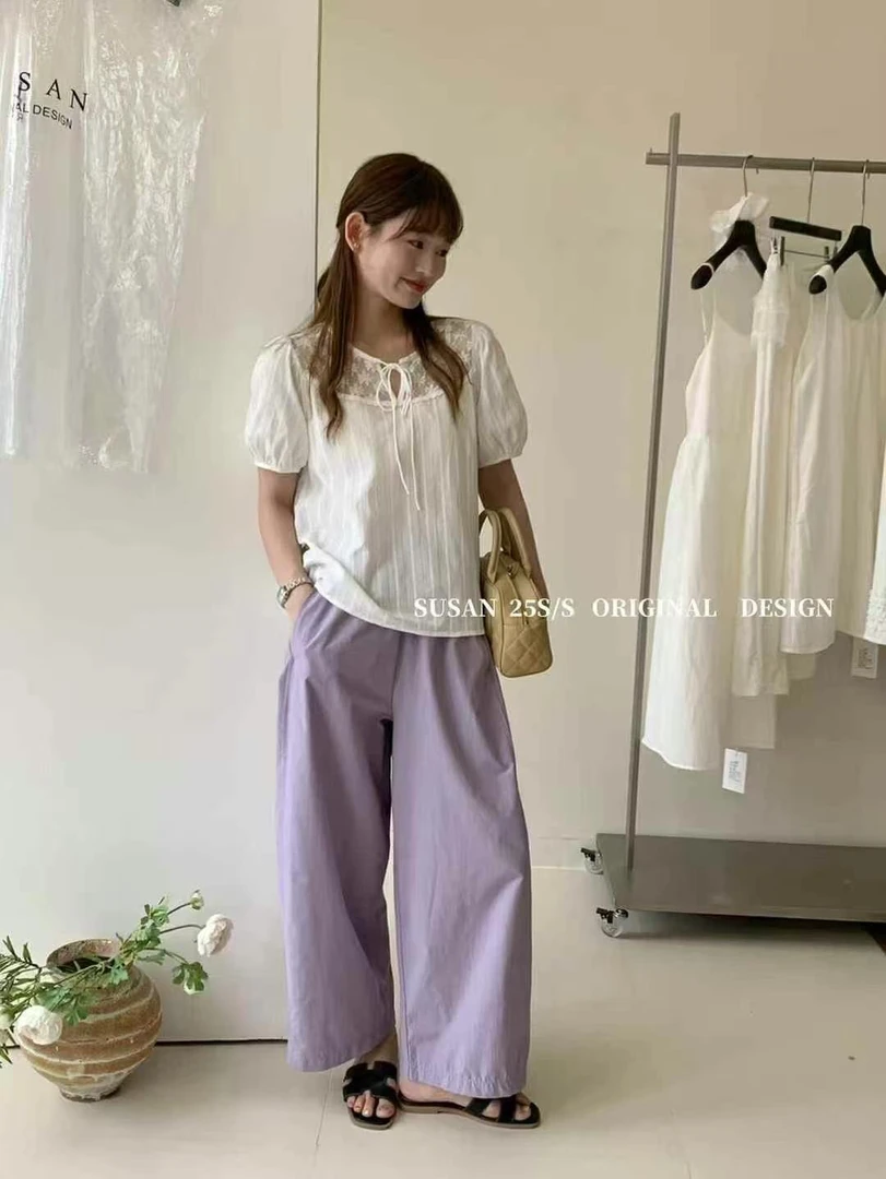 susan@Qs097 法式甜美蕾丝系带短袖圆领小衫