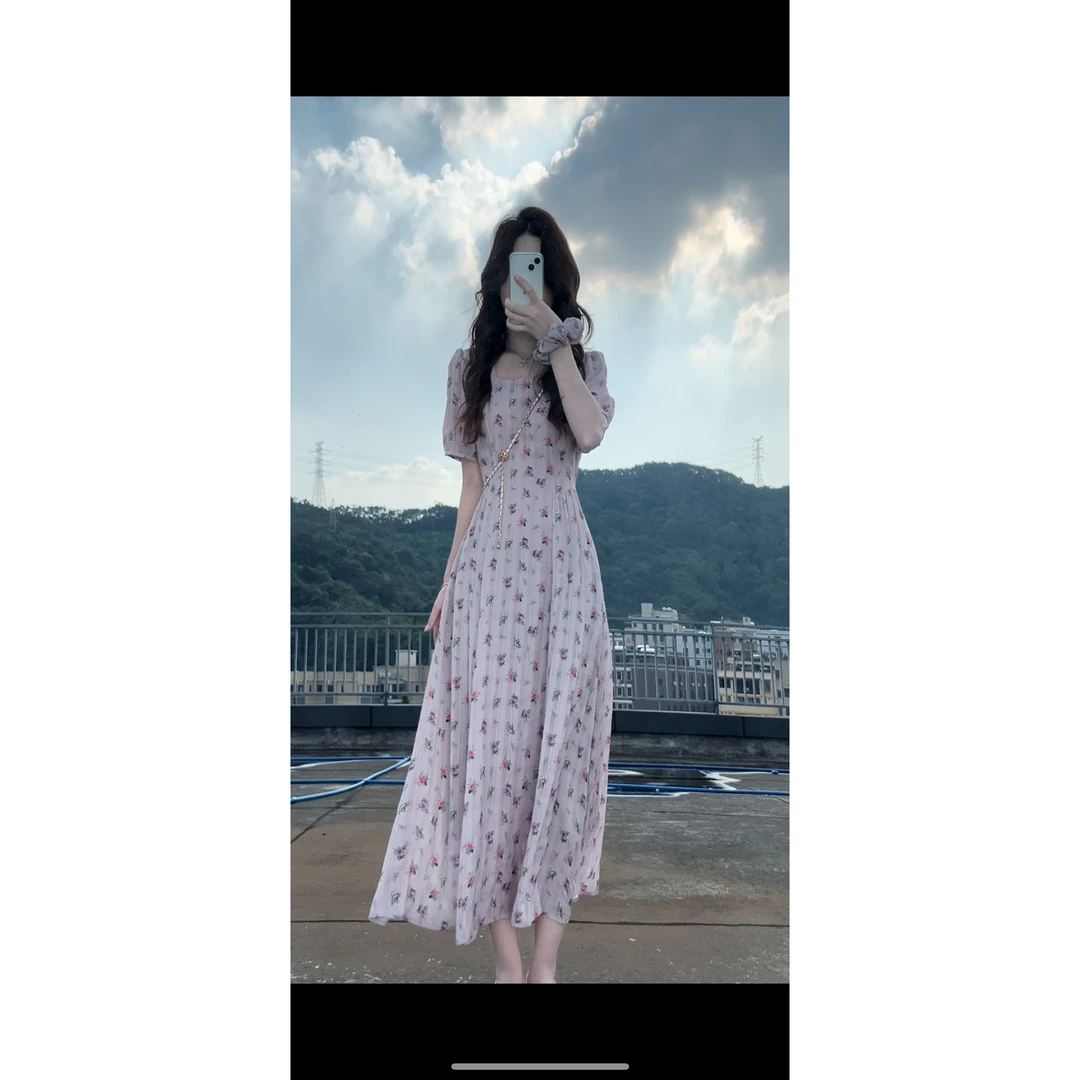 【有口袋】夏季新款方领显瘦中长款时尚设计感高腰短袖连衣裙6002