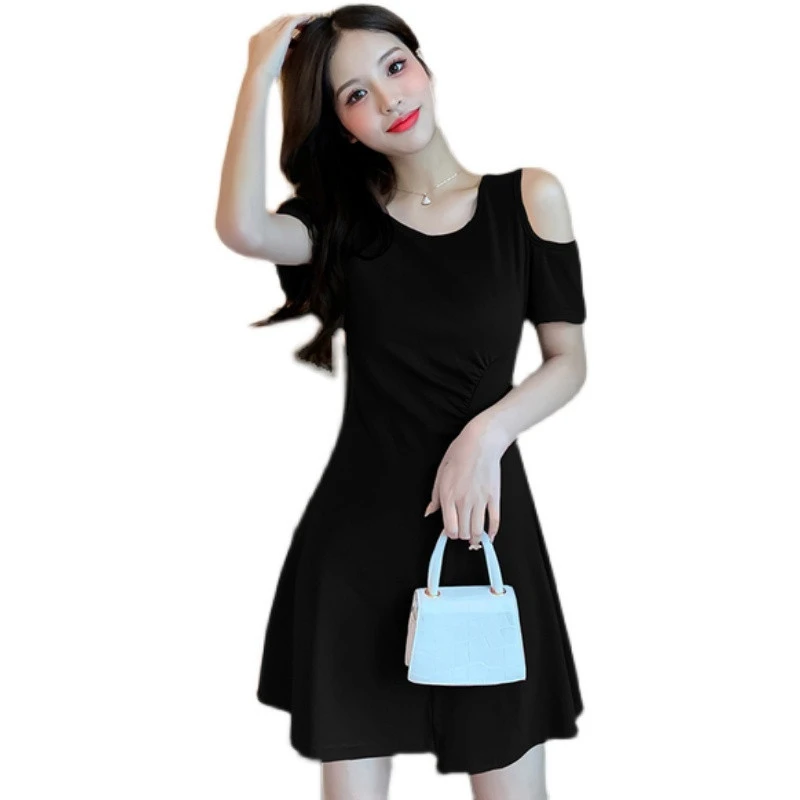 夏季性感连衣裙气质新款裙子露肩桔梗裙纯色法式初恋法式短袖