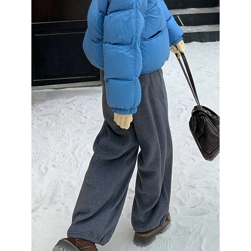 耶古运动风深灰色软糯阔腿卫裤女秋冬季宽松显瘦直筒裤休闲束脚裤