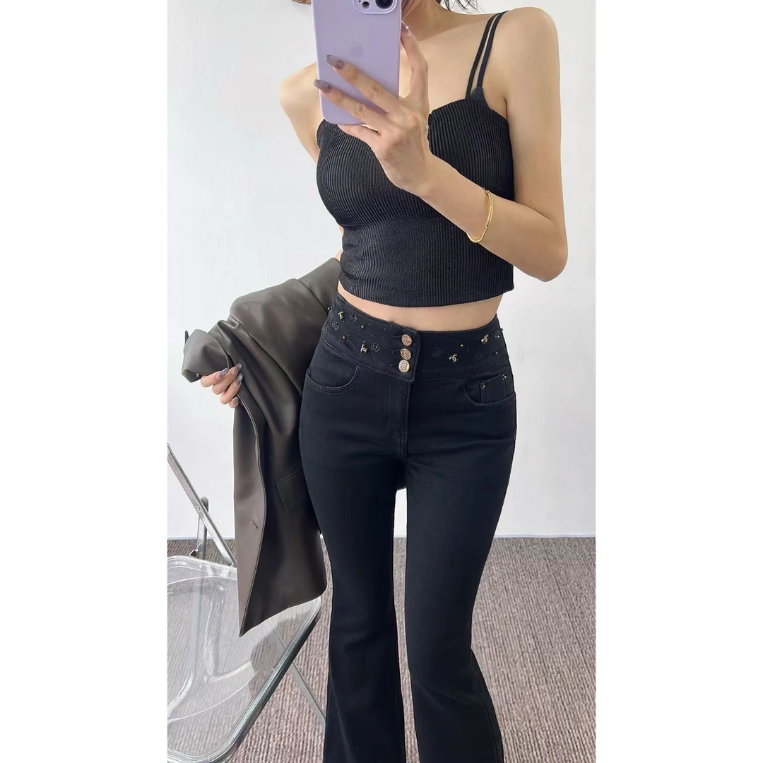 鑫蒂故事高腰显瘦黑色微喇德绒牛仔裤女