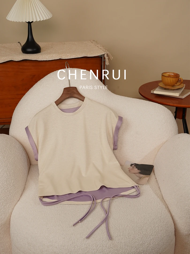 《撞色小飞袖》设计感圆领宽松T恤“夏日多巴胺系列”上衣女士1545