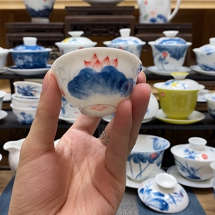 守***者手绘荷花反口杯35cc釉下彩高温瓷微瑕福利款
