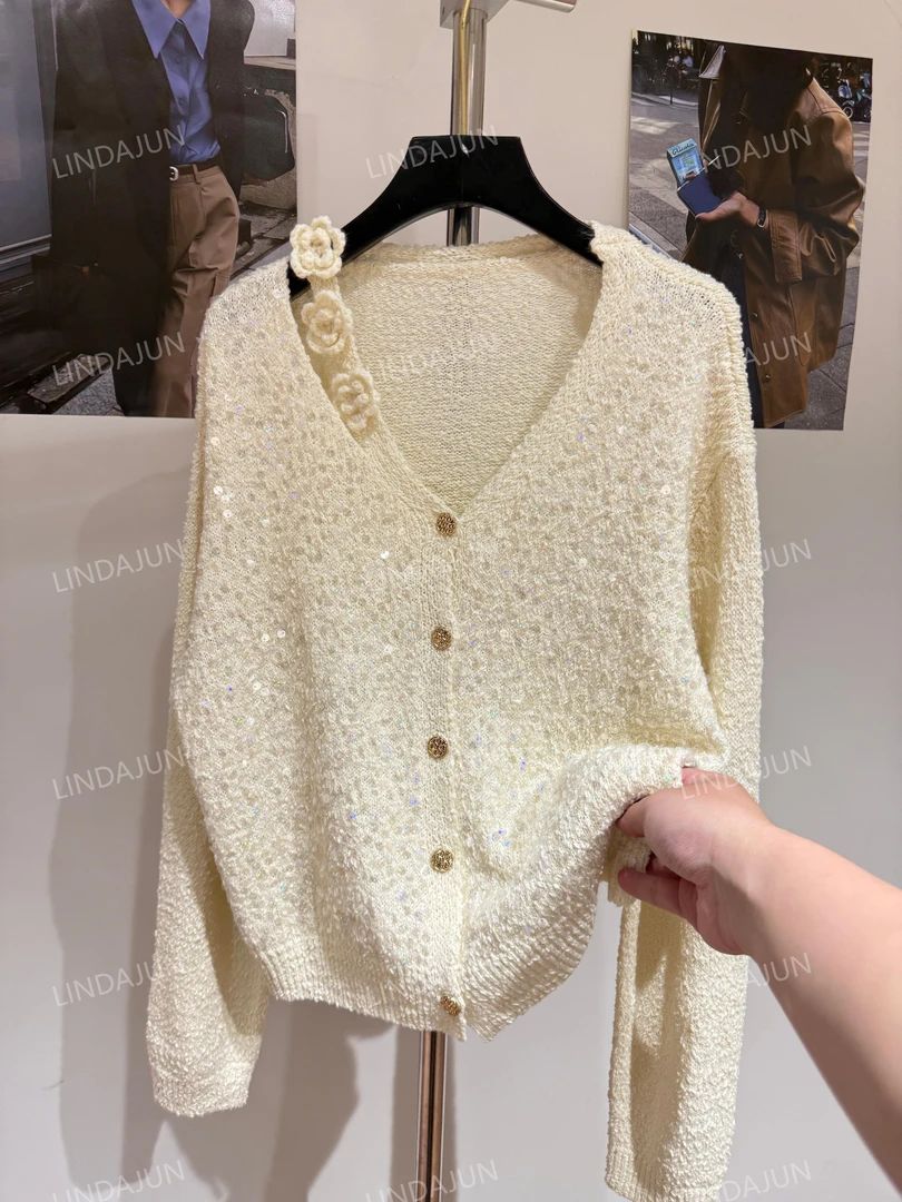 大君君「V领星空」新款早春亮片设计感小香风针织衫长袖开衫外套