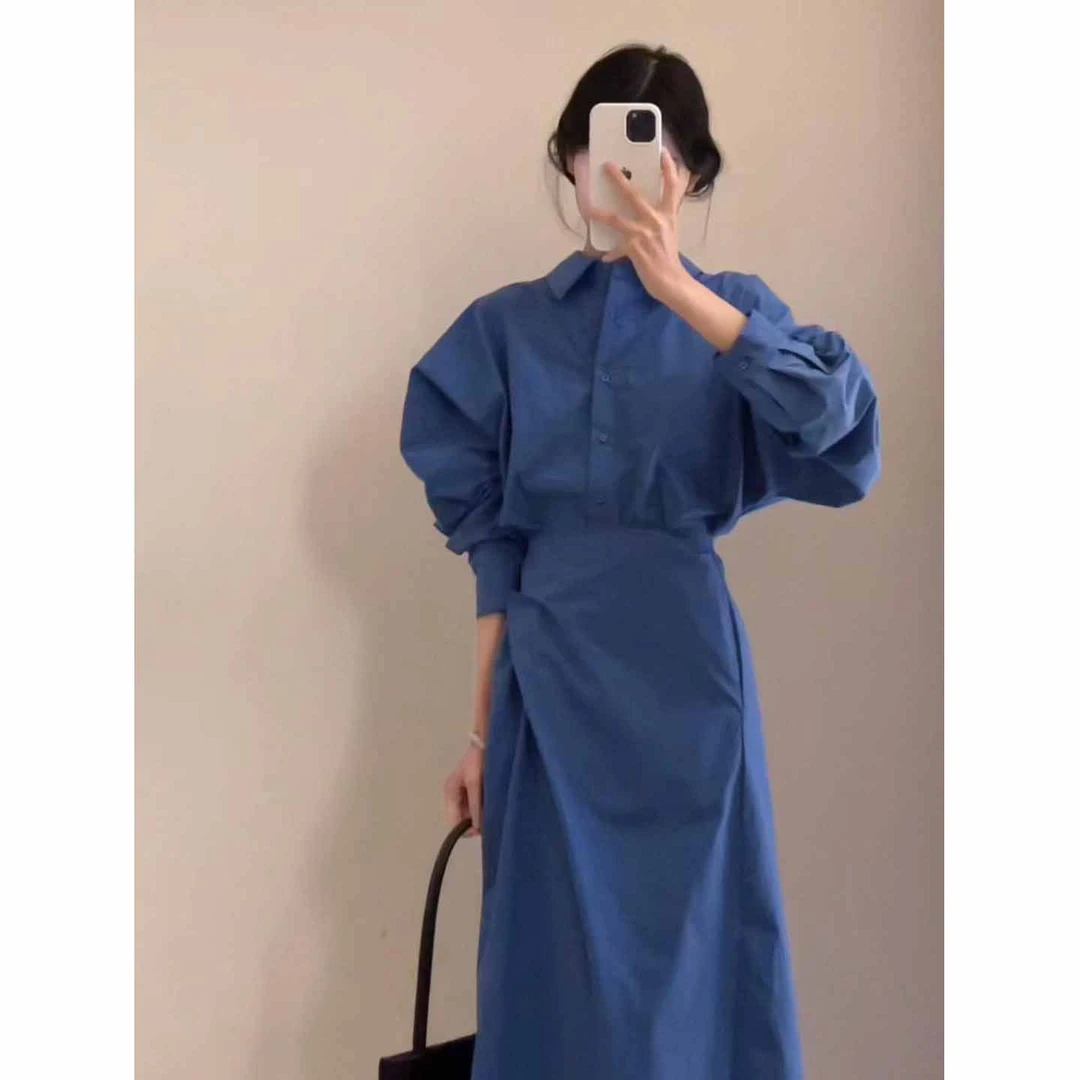 法式高级感收腰衬衫连衣裙春季新款设计感宽松显瘦气质通勤长裙子