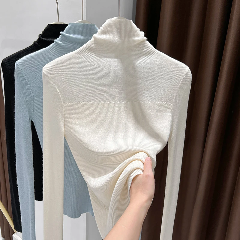 软糯米白色毛衣针织衫洋气叠穿堆堆高领修身小衫内搭打底衫女上衣