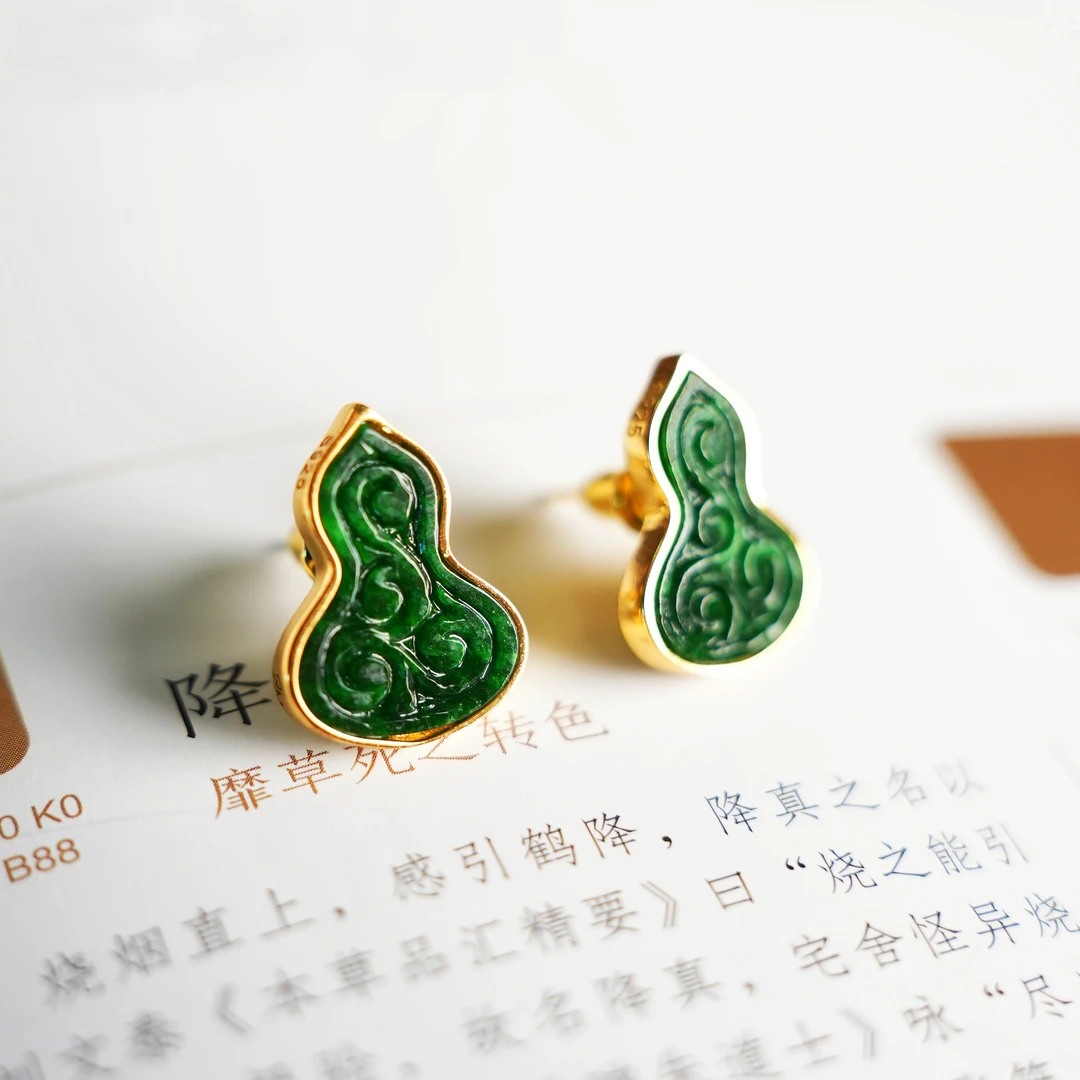 缅甸天然A货翡翠葫芦耳环耳饰