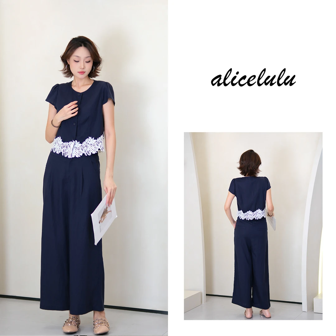 [alicelulu]法式蕾丝拼接短袖上衣阔腿裤女装套装S1035087T