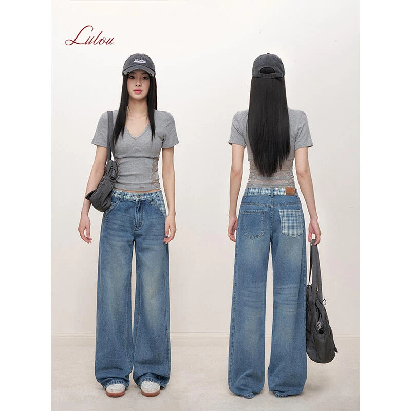Liilou 25ss 松弛感 格纹印花 撞色拼接内腰头阔腿牛仔裤