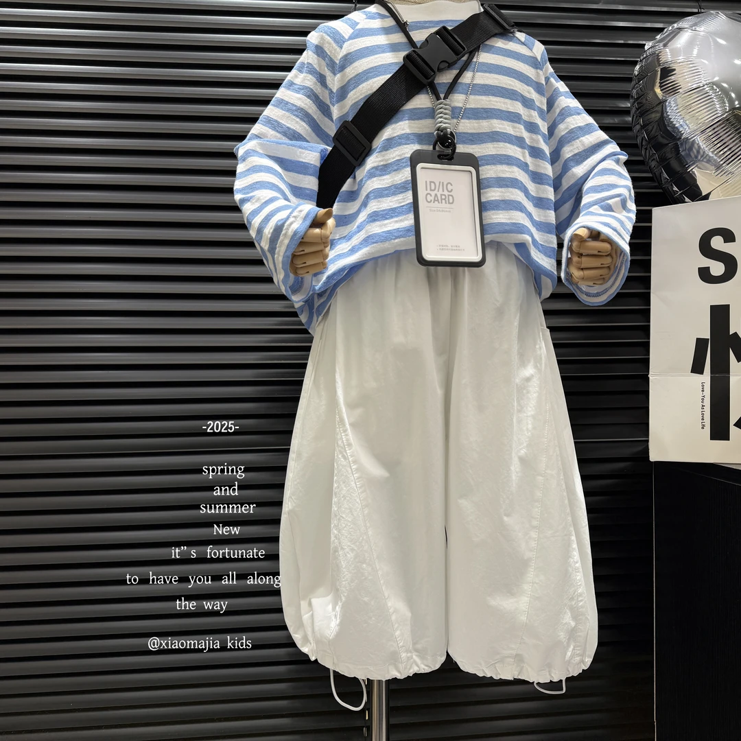 儿童春季新款纯棉休闲裤九分裤D-5062韩版宽松束脚裤男女同款白色