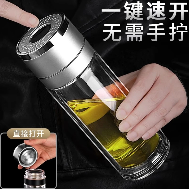 【一键开盖】高端奢侈泡茶杯子双层车载商务2025水杯家庭玻璃杯便携