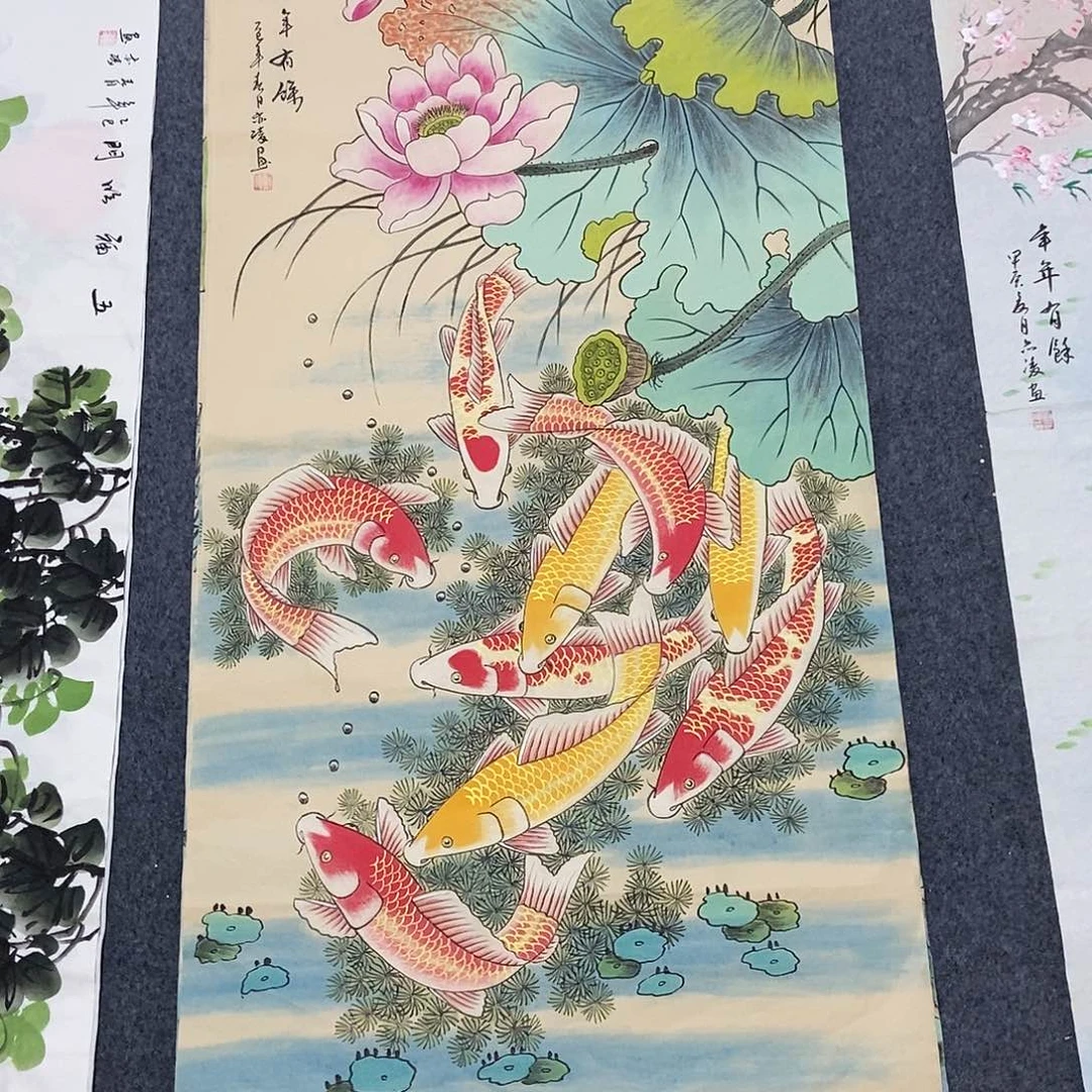 国画四尺九鱼一副