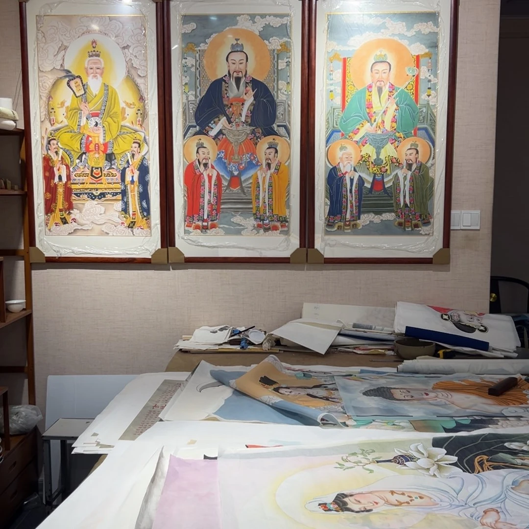 来***白国画秦老师三清祖师带框包邮