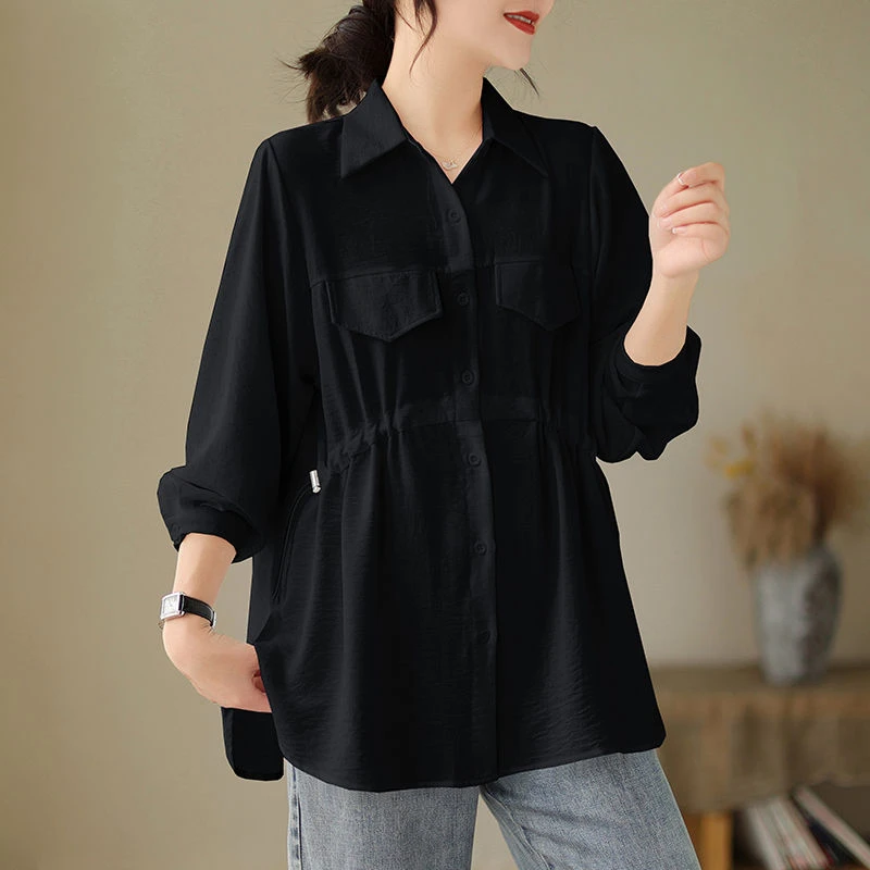 韩版纯色衬衫女收腰抽绳长袖显瘦时尚宽松气质衬衣百搭上衣潮秋季