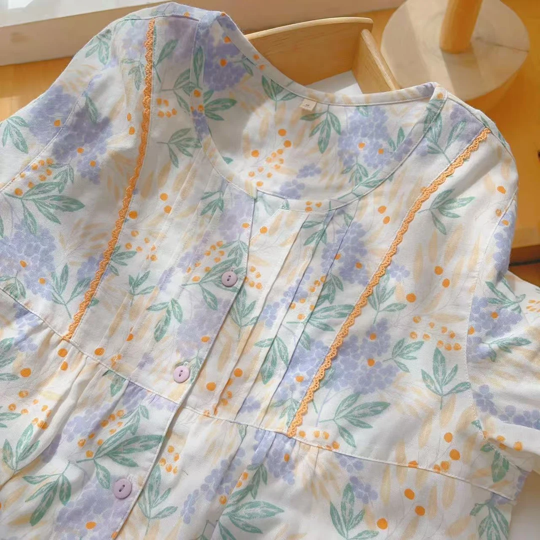 春夏女士纯棉睡衣活性印染高级短袖长裤花边家居服套装