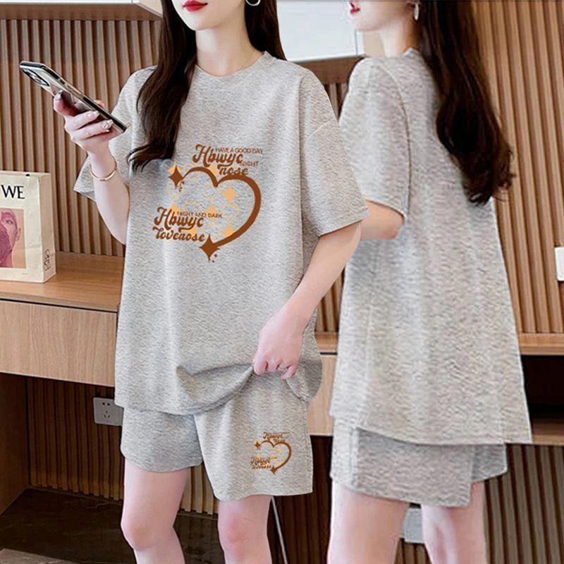 纯色短袖短裤套装甜美印花夏季新款韩系大码宽松显瘦休闲运动套装