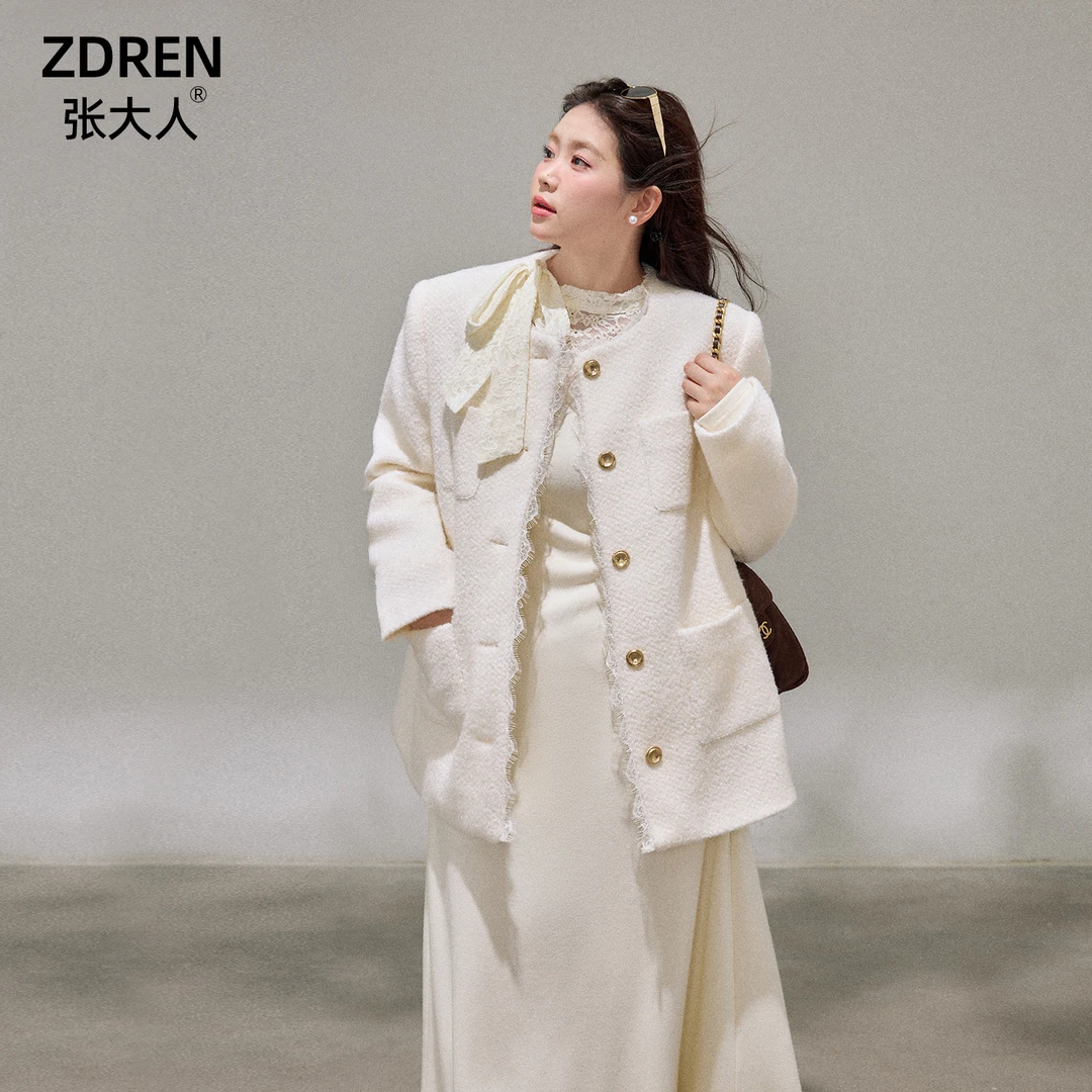 张大人【留洋千金】大码女装微胖妹妹温柔奶白小香风外套蕾丝领长裙