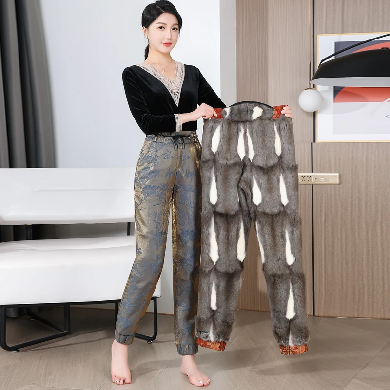 金狸貂皮草裤子女士皮毛一体保暖裤新中式提花裤子