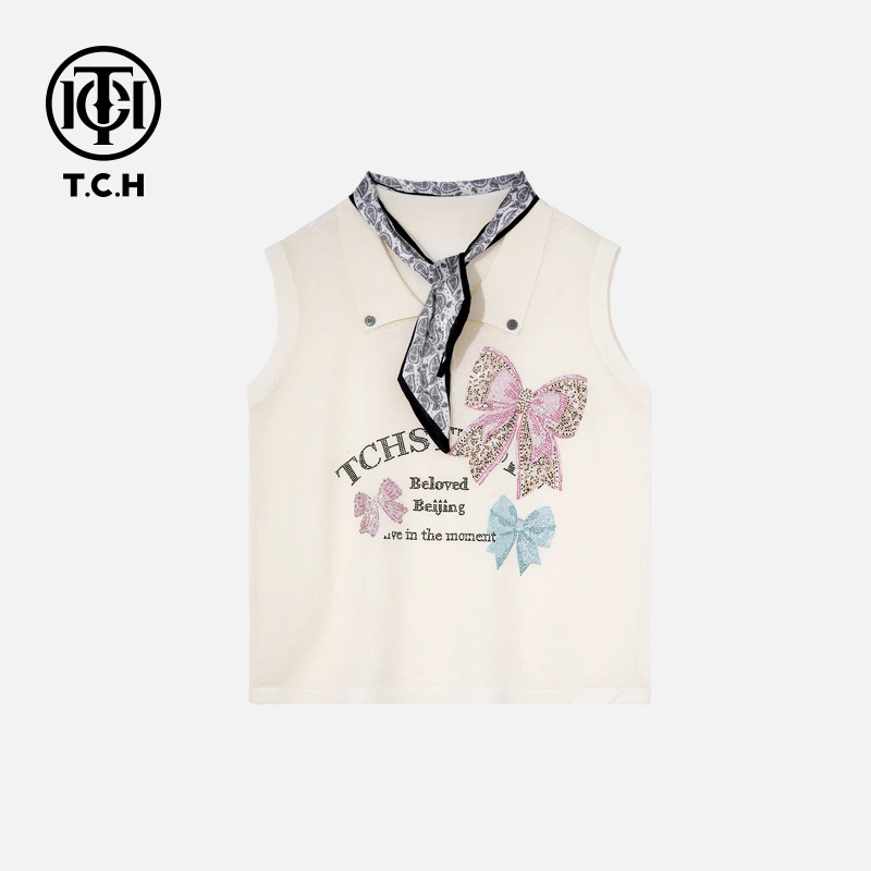 TCH私服烫钻工艺时尚休闲百搭蝴蝶结针织T恤女T75B09E5056轻奢tch