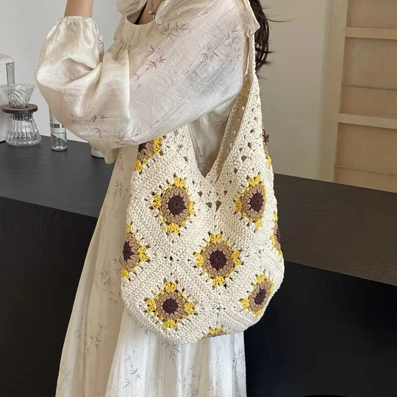 2025新款复古手工棉线包花朵镂空编织包女森系度假沙滩单肩托特包