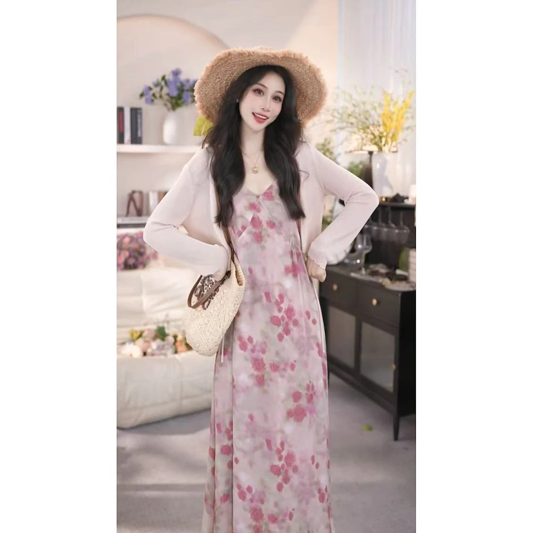 【有口袋】度假温柔风碎花夏季显瘦仙女无袖长裙吊带裙子修身1503