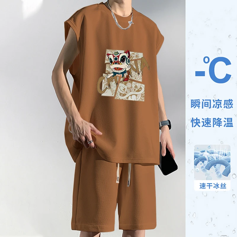 华夫格夏季新款休闲套装男宽松背心t恤短裤时尚运动服潮流五分裤