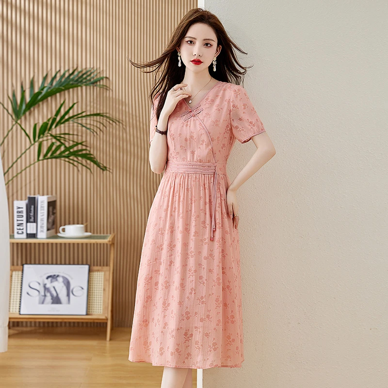 夏季新品女装韩版修身V领印花长裙短袖长款时尚连衣裙 YB8229