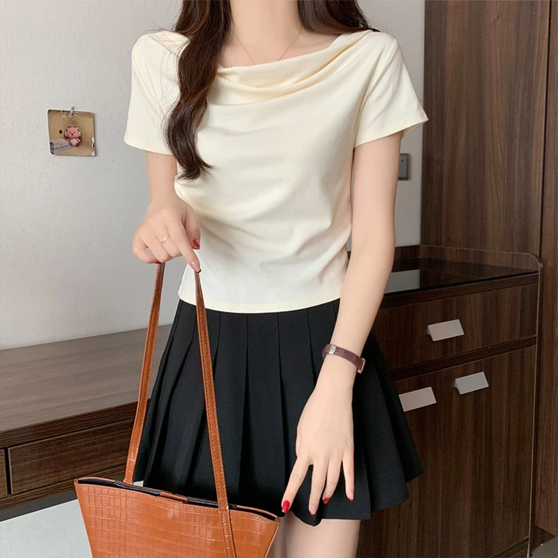 短袖夏季不规则荡领T恤女春季气质小个子百搭休闲显瘦修身上衣女