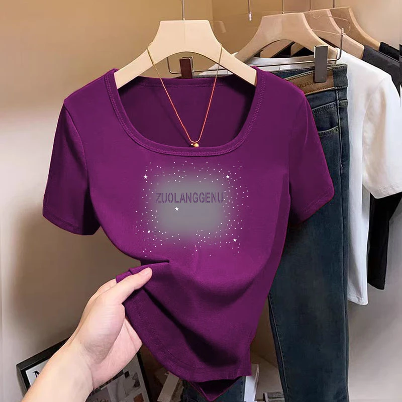 夏季薄款2025方领新款女士纯棉不规则弧形下摆t恤衫洋气短袖上衣