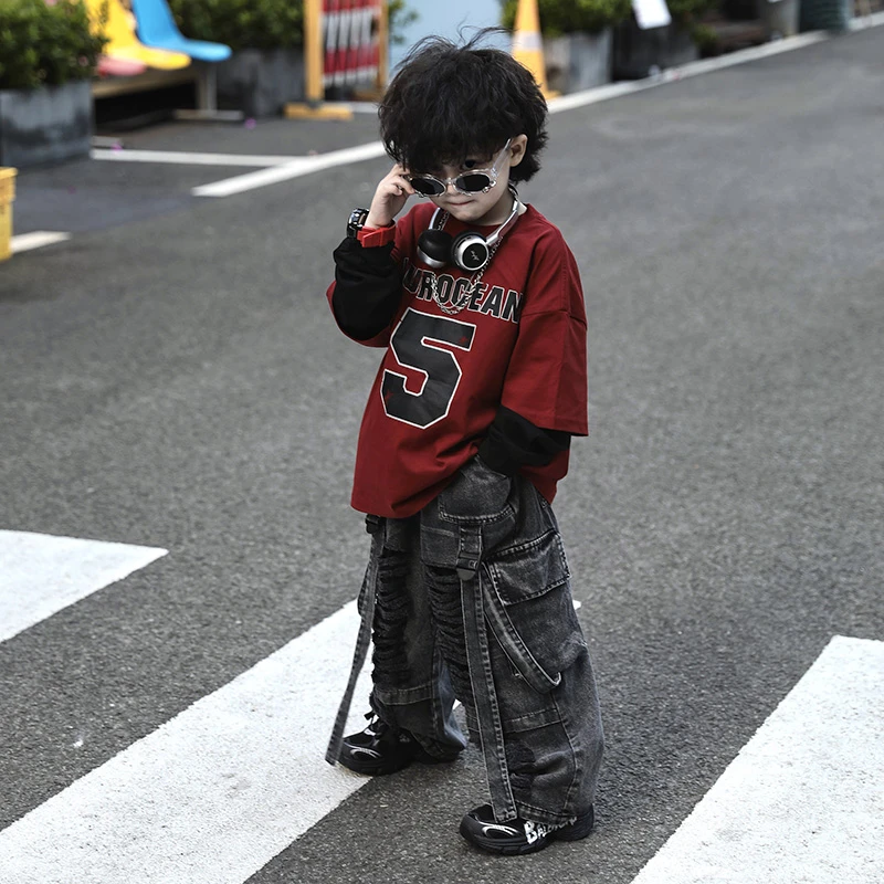 【现货】Jimmy妈童装假两件 T恤春季新款儿童红色拼接黑袖子长袖T恤