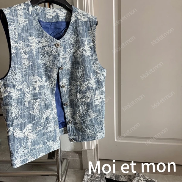 【Moi et mon】春季新款小众蓝色休闲提花牛仔马甲复古印花牛仔马甲