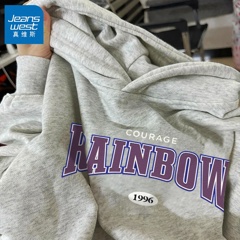 真维斯重磅硬挺字母连帽卫衣男士美式潮牌宽松cleanfit情侣帽衫A