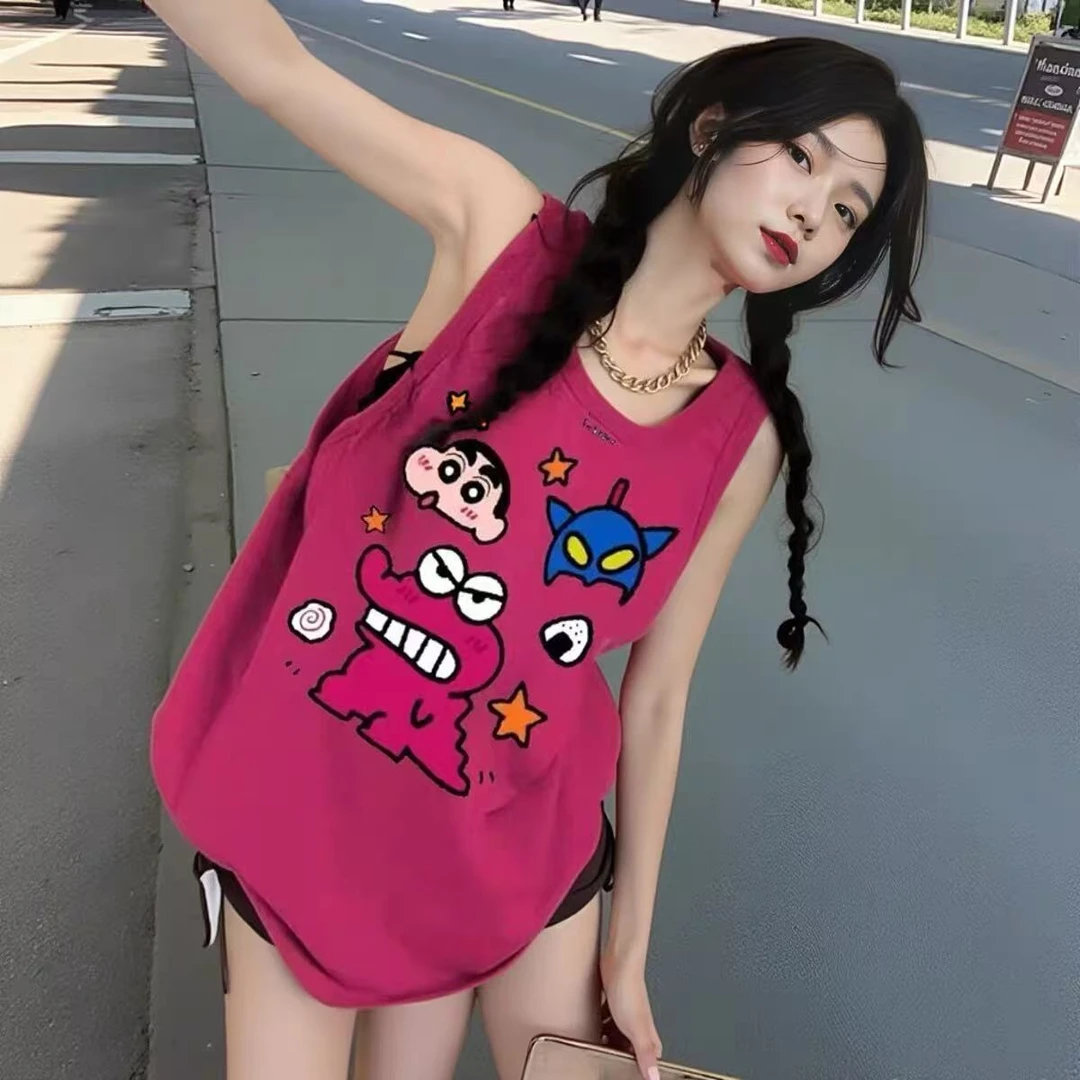 100%纯棉夏季宽松显白显瘦玫红色无袖背心t恤女辣妹超火上衣ins潮