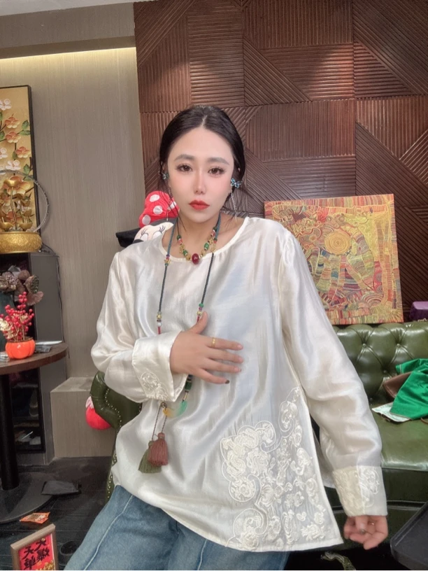 7116#日常新中式重工时尚圆领提花衬衫百搭