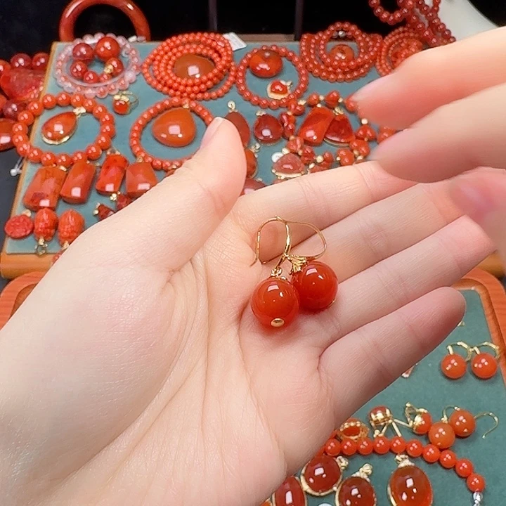 南红玛瑙银S925镶嵌耳环