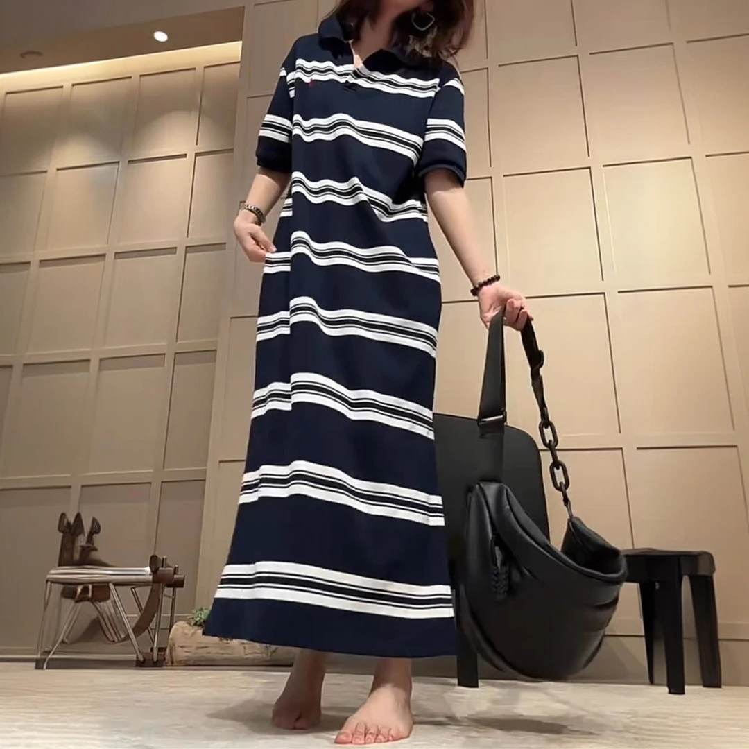 黑白条纹polo领休闲连衣裙女夏季薄款宽松显瘦气质减龄百搭长裙子
