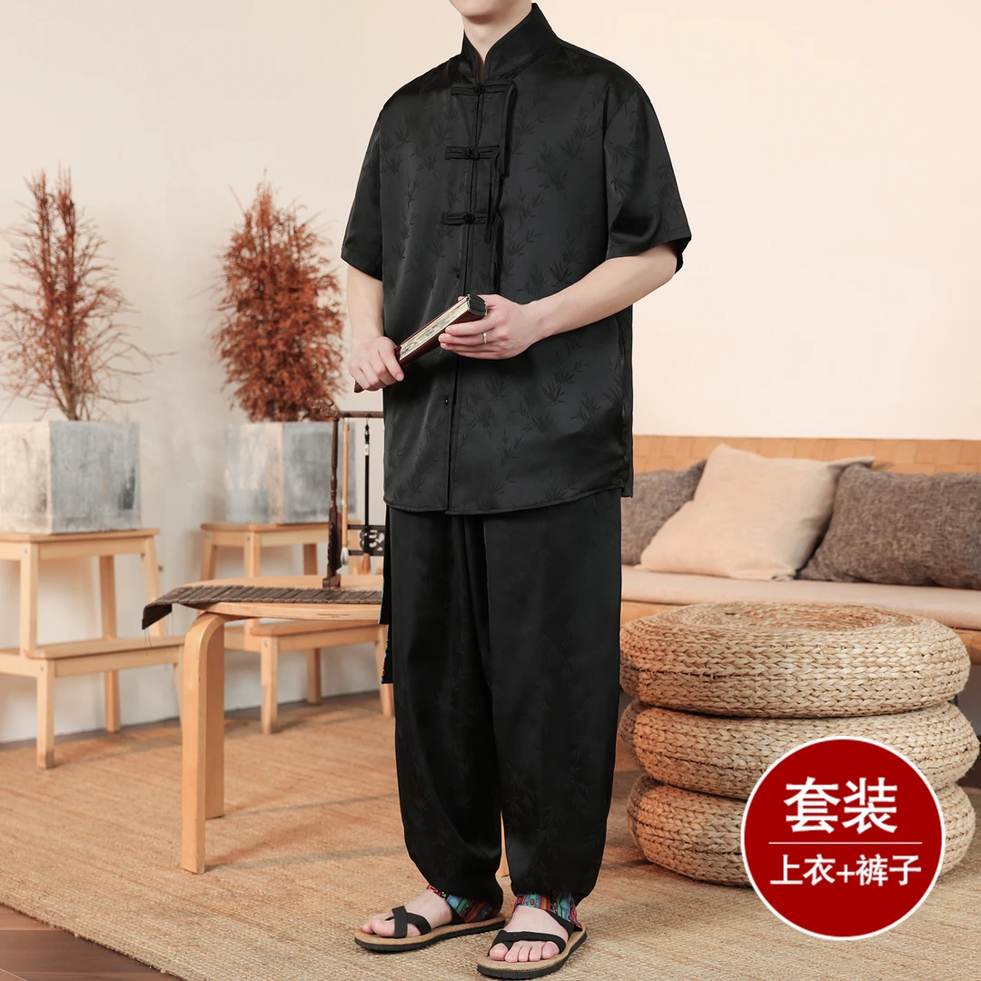 夏季薄款中国风冰丝套装男士茶服短袖衬衫新中式缎面提花盘扣唐装