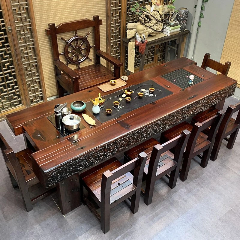 老船木龙骨茶台中式实木一体功夫茶几办公室茶艺家用泡茶桌椅组合
