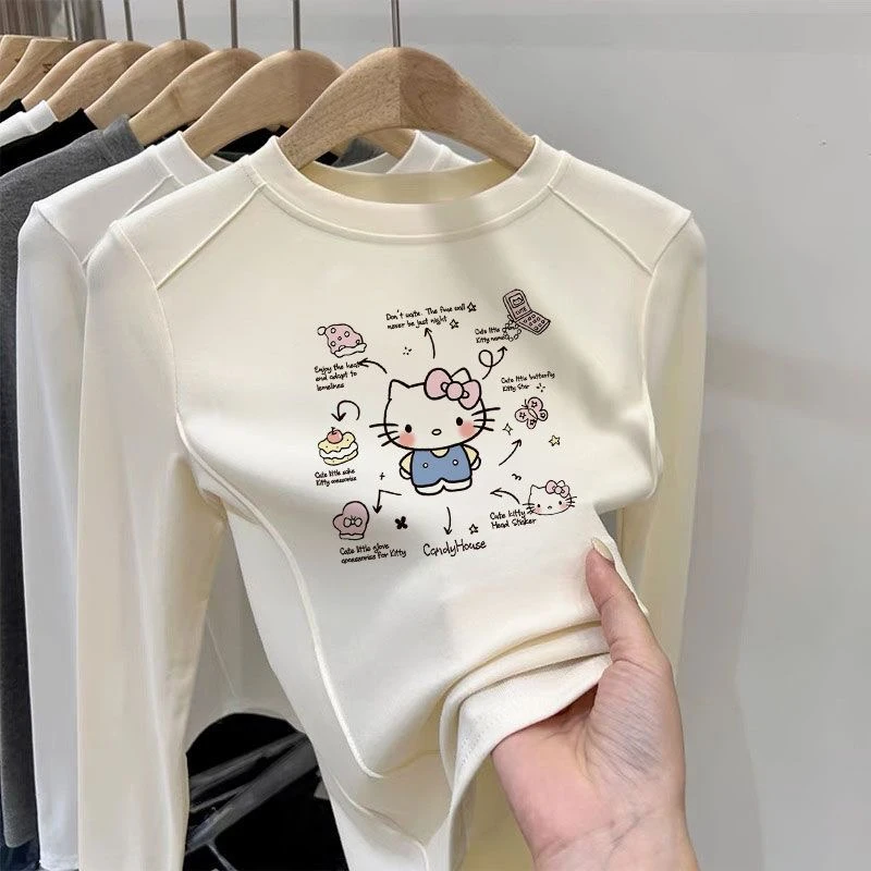 女童德绒长袖T恤2025春秋季凯蒂猫童装多巴胺休闲打底衫时尚上衣