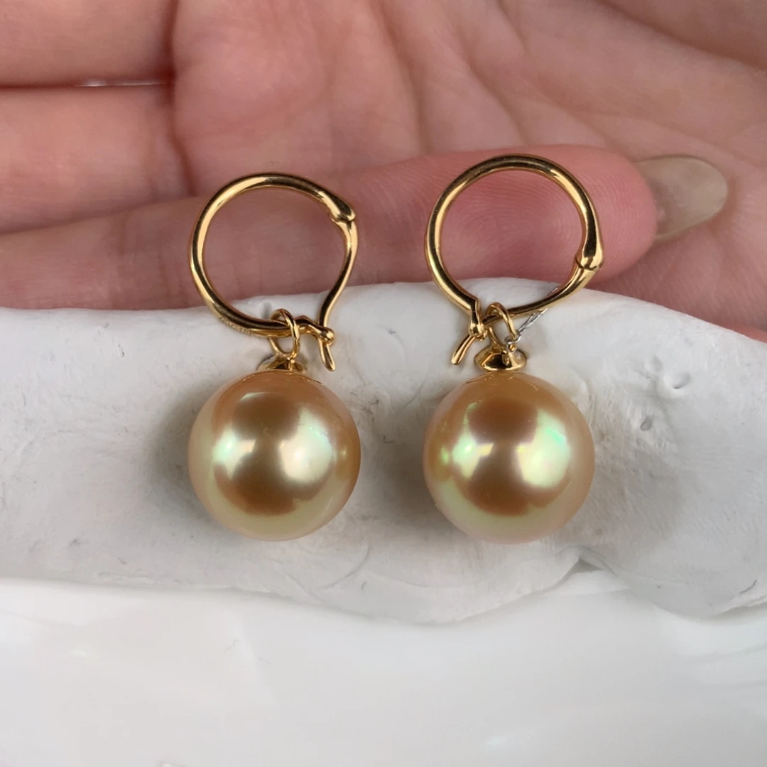 定制海水珍珠18K金镶嵌耳饰南洋金珠浓金色11-12mm