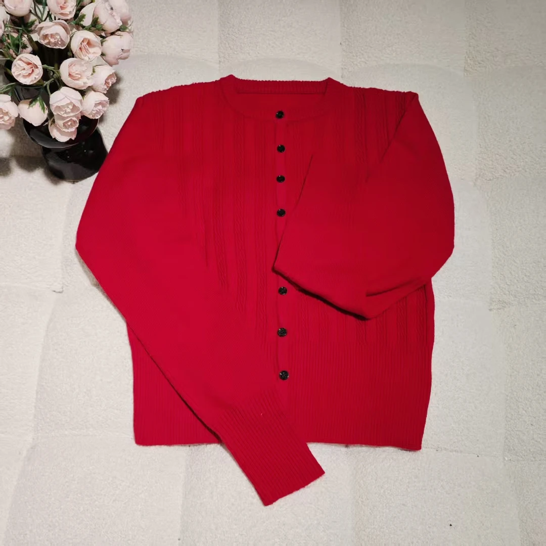 （非市场版）51226 红色针织圆领开衫韩版修身毛针织衫