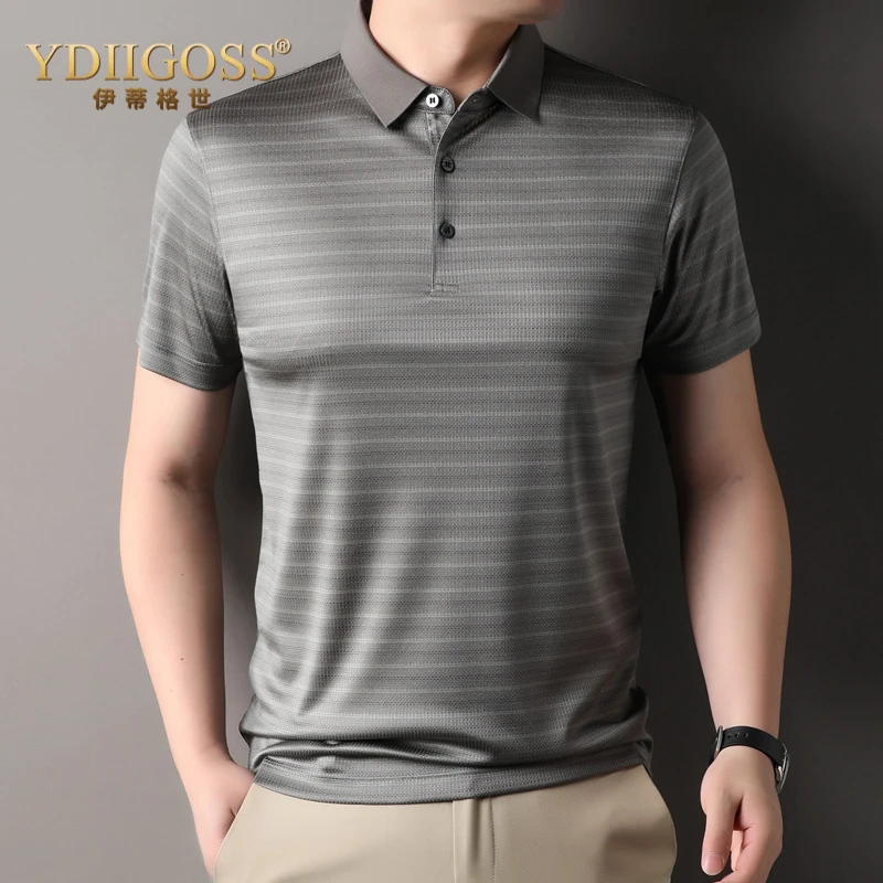 YDIIGOSS条纹翻领POLO衫男夏季短袖薄款商务透气男士中年休闲上衣