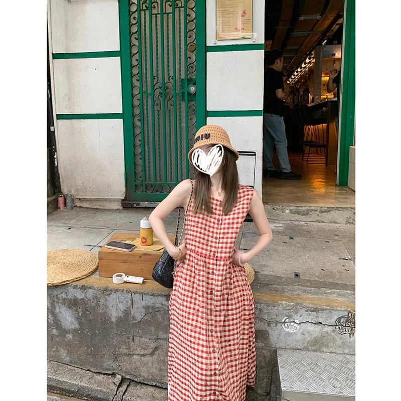 【苏格兰岛】夏季新款拼接红色格纹宽松背心连衣裙百搭长裙女