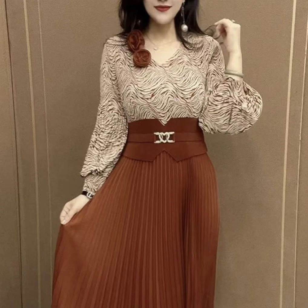 02新款拼接中长款修身气质百褶裙显瘦时尚假两件