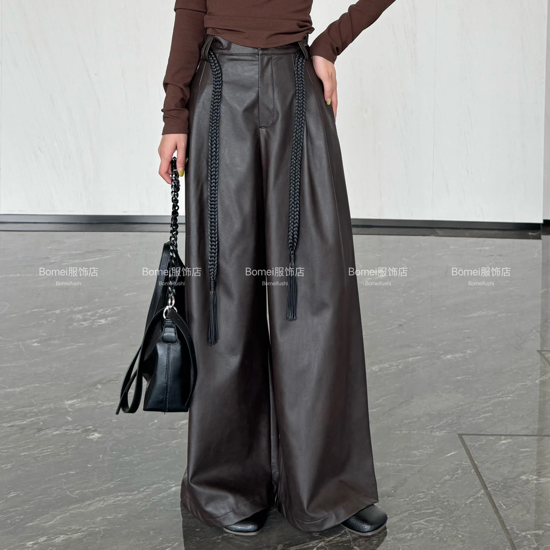 【送腰带】秋冬爆款黑色皮裤直筒休闲裤高腰修身宽松显瘦阔腿裤子